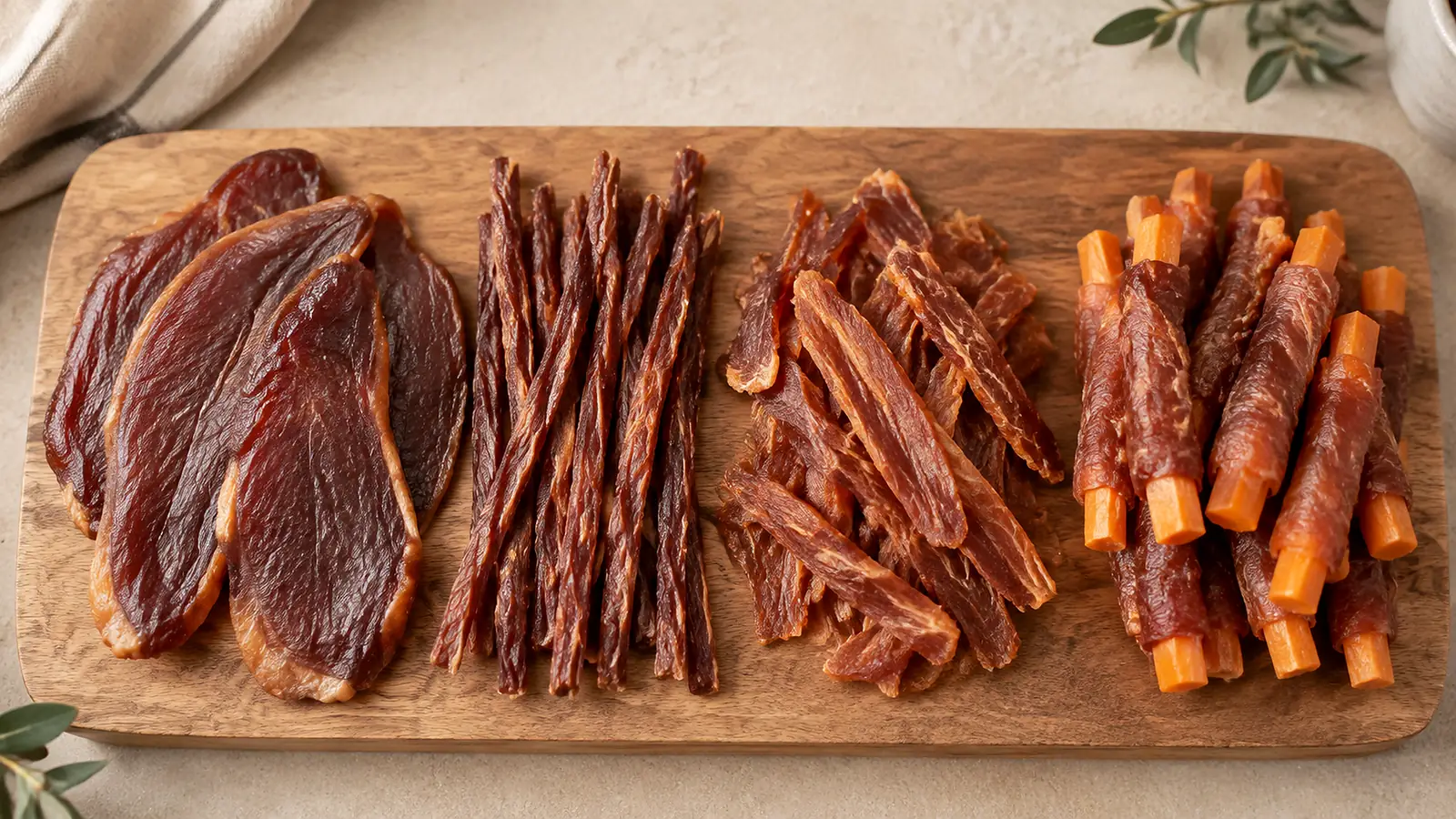 Assorted air-dried duck dog treats: whole duck fillets, thin duck sticks, duck tenders and duck-wrapped sweet potato on a wooden board