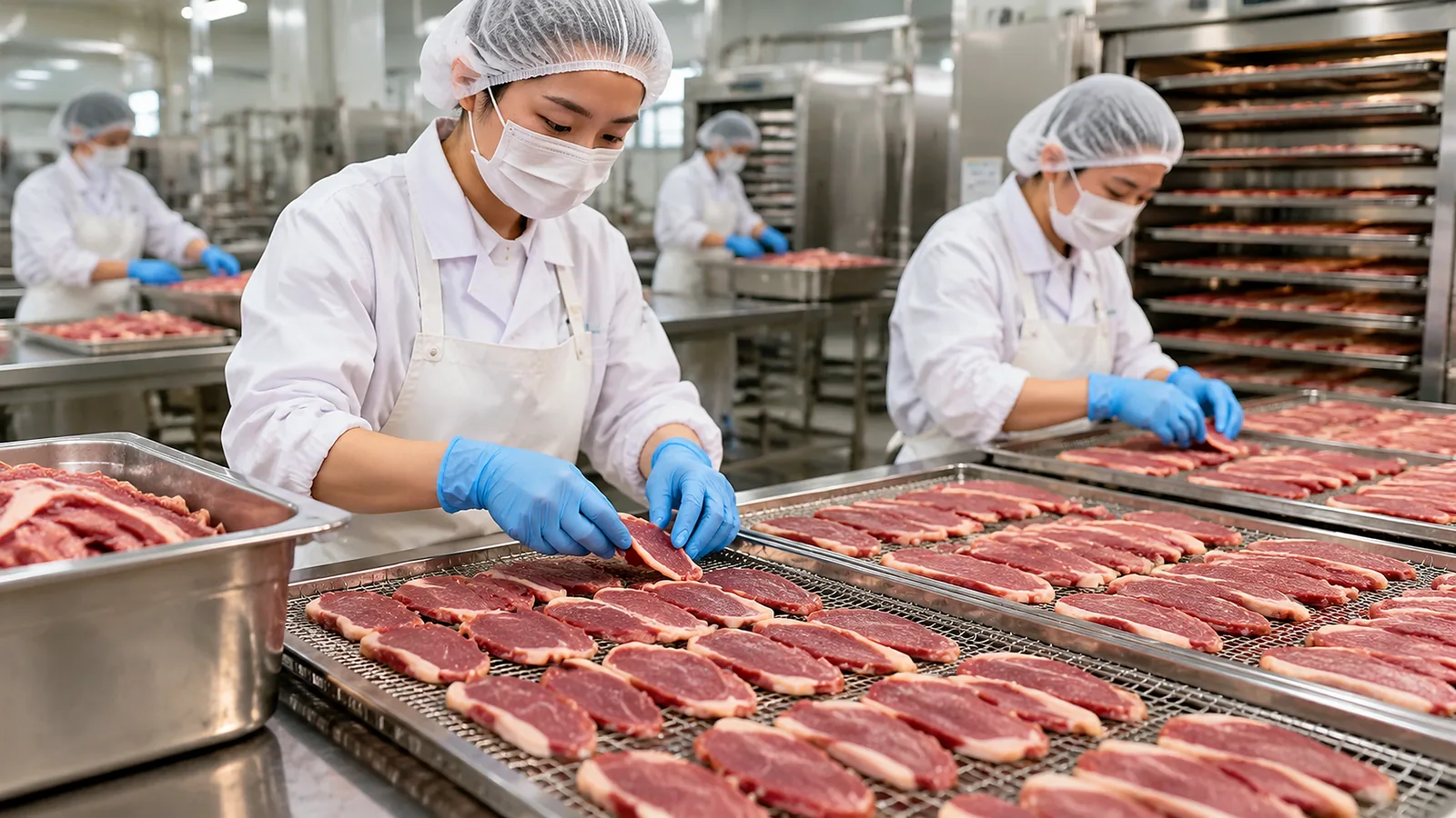 Workers in white hygiene suits laying sliced duck breast on stainless drying racks in a clean pet treat factory