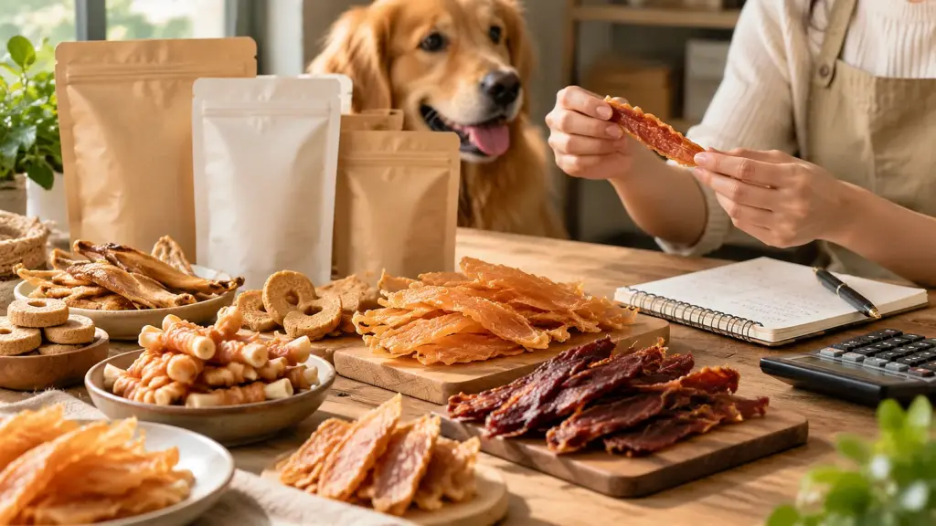 Dried dog treats, blank stand-up pouches and a calculator on a desk, representing budgeting a private label dog treat order