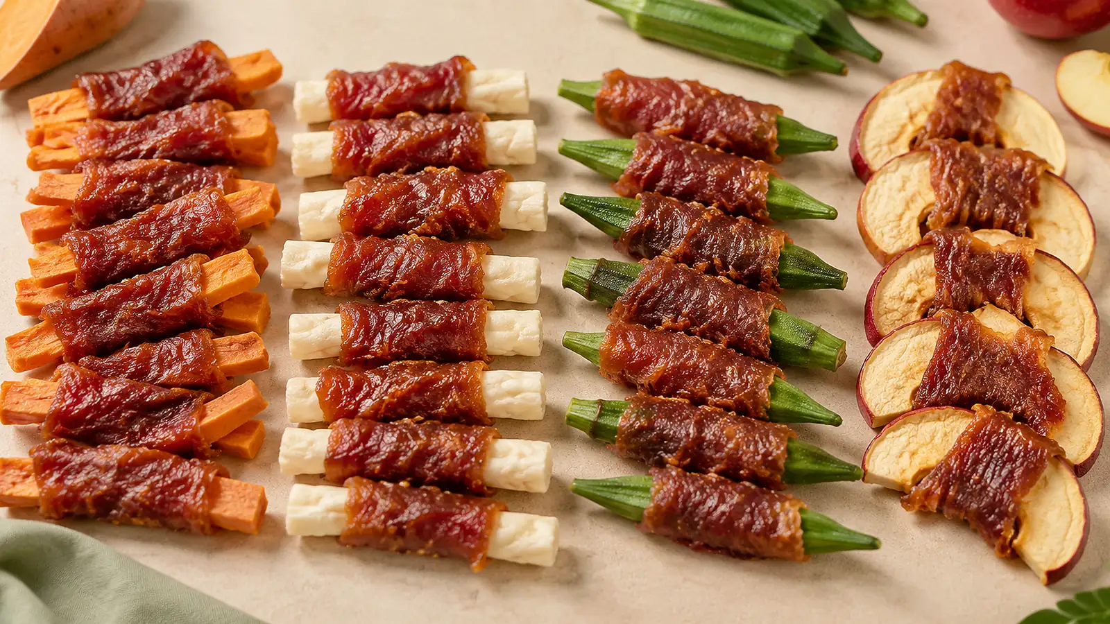 Duck breast strips wrapped around sweet potato sticks, rawhide sticks, okra pods and apple slices, glossy brown meat around orange, white and green cores